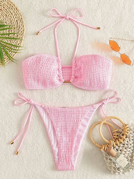 

smocked halter tie side bikini swimsuit h4it#, White;black