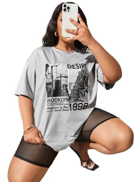 

sxy plus building & slogan graphic drop shoulder tee h7dq#, Black