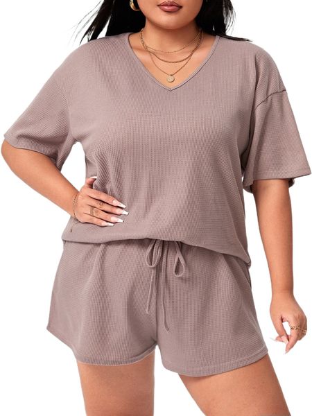 

plus drop shoulder tee & drawstring waist shorts set s10n#, Black