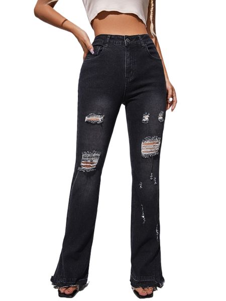 

high waist ripped raw cut bootcut leg jeans l58s#, Blue