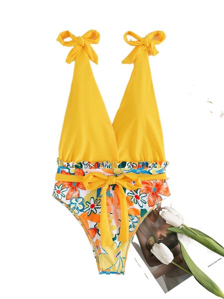 

f.loral print belted o.ne p.iece swimsuit s2by#, White;black