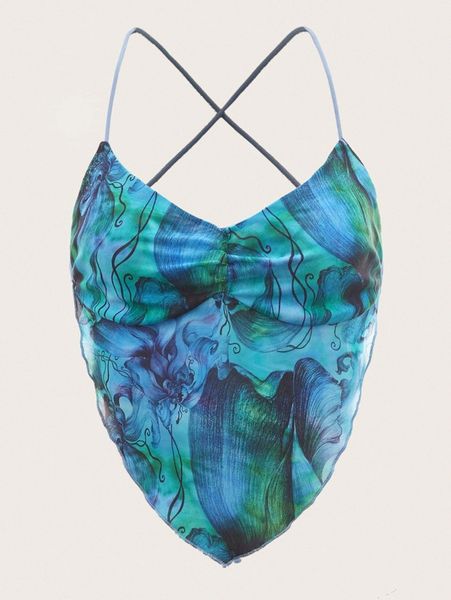 

graphic print crisscross backless knot bandana mesh cami 42yu#, White