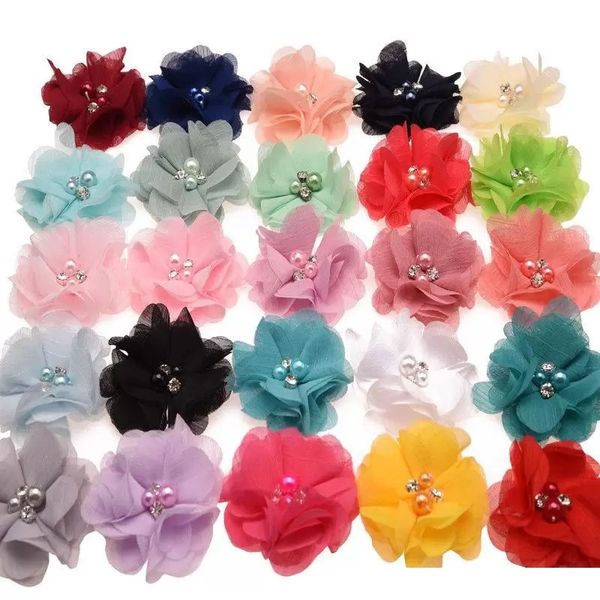 

33colors chiffon flowers with pearl rhinestone center artificial flower fabric children hair accessories baby headbands, Slivery;white