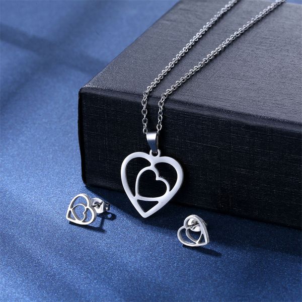 Set di orecchini a bottone con ciondolo a forma di cuore in acciaio inossidabile, collana da donna, gioielli di moda, regalo per madre, moglie, figlia