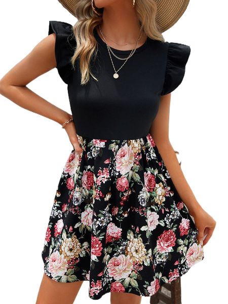 

floral print ruffle sleeve dress a4i7#, Black;gray