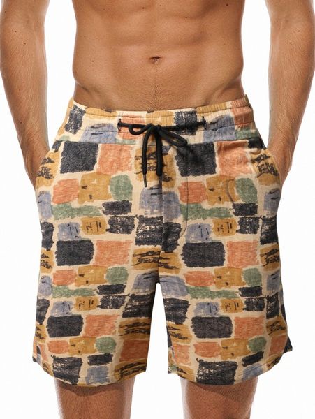 

men brush print drawstring waist shorts v5yh#, White;black