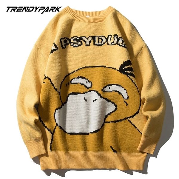 

funny cartoon duck sweater pullover jumper men printed knitted sweater hip hop harajuku streetwear casual autumn male sweater 201126, White;black