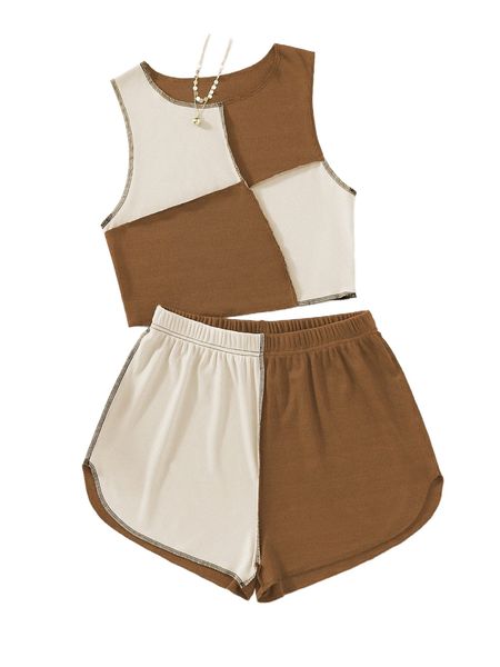 

two tone seam front crop tank with shorts k38f#, White