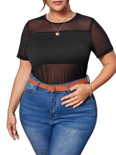 

plus solid round neck sheer 96t6#, Black