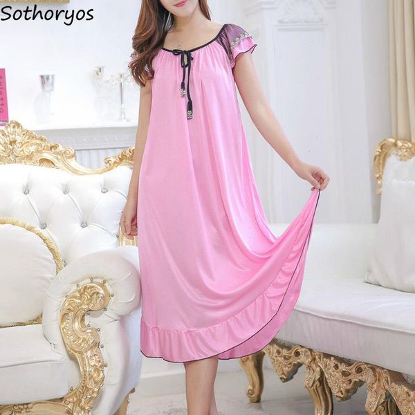 

nightgowns women patchwork lace sleepwears stylish 3xl loose thin breathable chic casual sweet womens homewear sleepshirt, Black;red