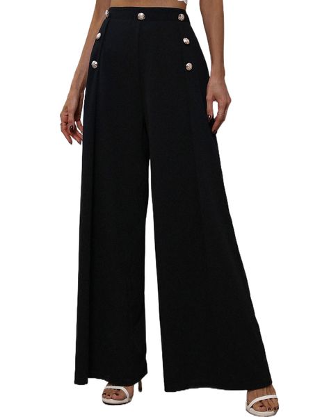 

button detail wide leg pants s3u0#, Black;white