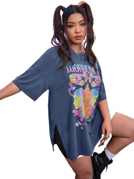 

plus letter graphic slit hem tee 44hd#, Black