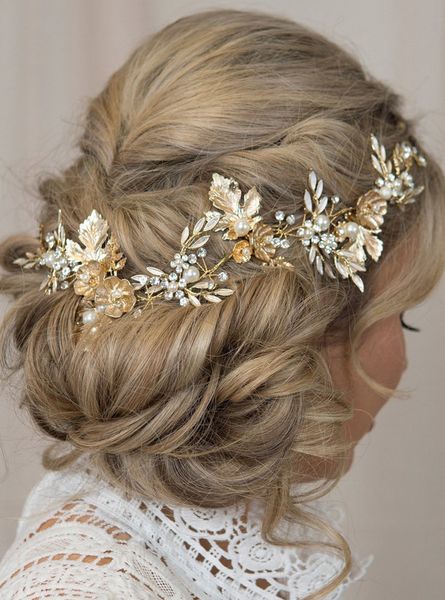 

gold bridal hair vine leaf crown wedding tiara comb metallic flower for women 220804, Slivery;golden