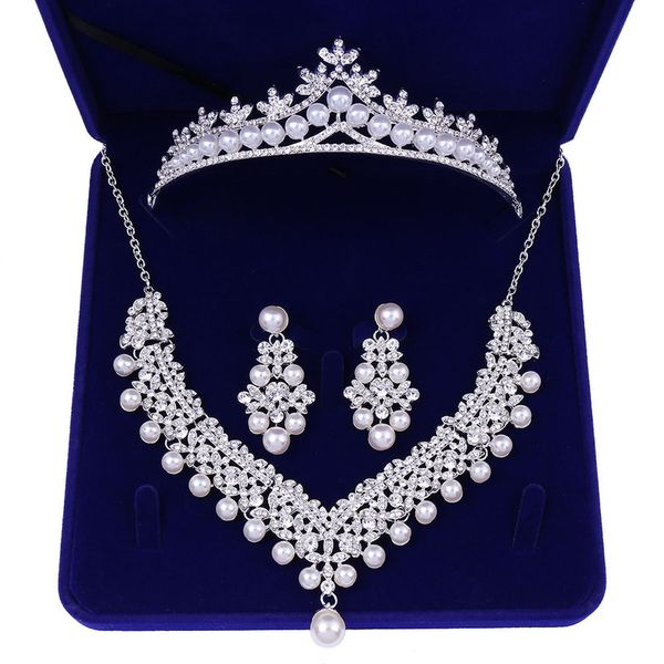 Conjuntos de jóias nupciais de pérola de cristal Colar de coroa de casamento com brincos Noiva enfeite de cabelo gargantilha para mulheres acessórios 220330