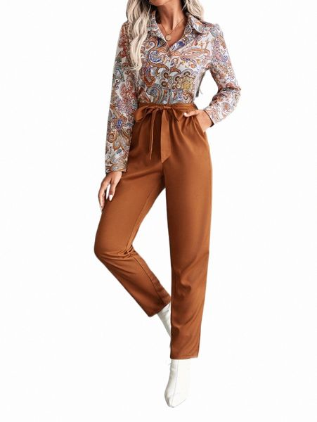 

paisley print shirt & belted tapered pants p5gr#, White