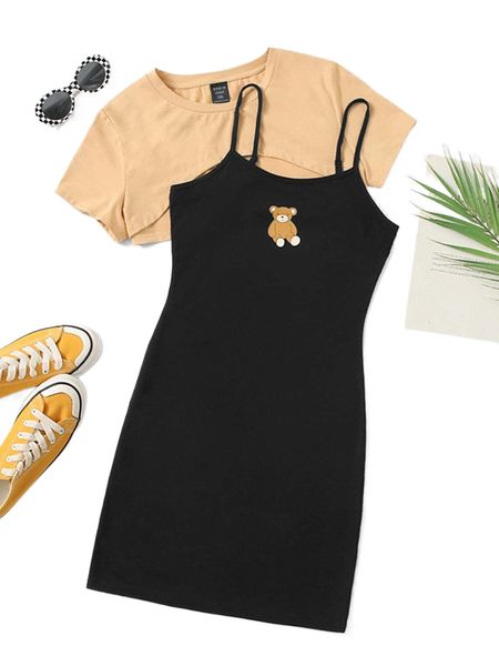 

plus solid super crop tee & cartoon graphic cami dress p0ee#, Black