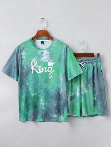 

men tie dye & letter graphic tee drawstring waist shorts 44rc#, Gray