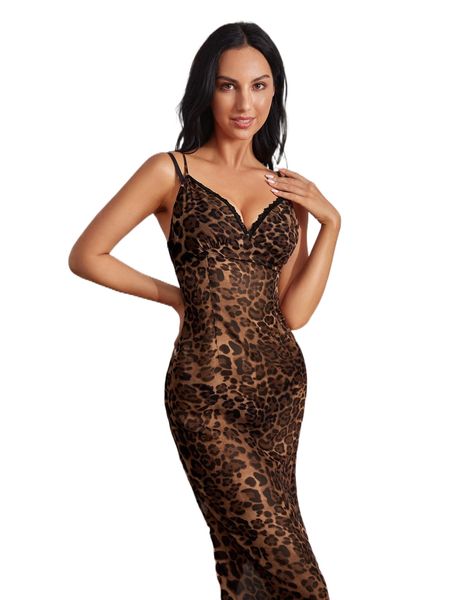 

leopard print contrast lace split thigh sheer cami sleep dress y6do#, Black;red