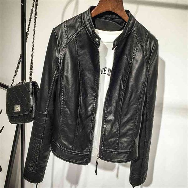 

plus size female leather jacket spring autumn zipper long sleeve pocket ladies coat fashion bomber biker motorcycle jacket women 210908, Black