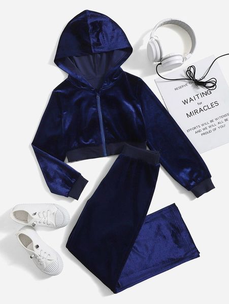 

girls zipper velvet hoodie & sweatpants she, White