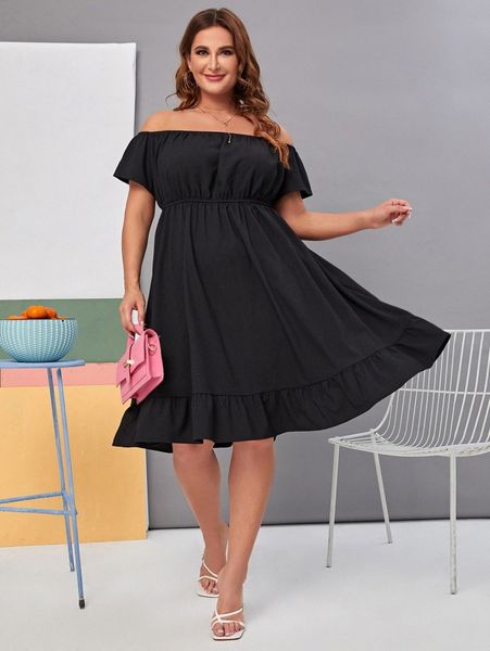

plus off shoulder ruffle hem dress f5z0#, Black