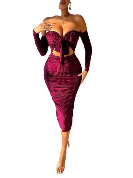 

sxy off shoulder knot front cut out split thigh velvet dress a6py#, Black;gray