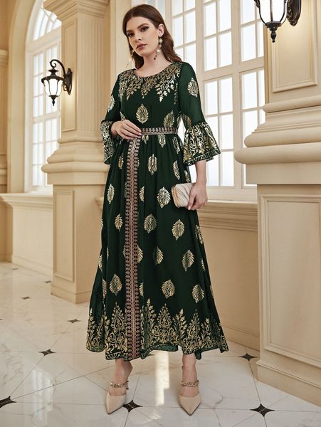 

graphic print flounce sleeve dress i4ro#, Black;gray