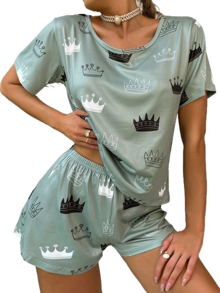 

graphic print tee & shorts pj set m3j3#, Black;red