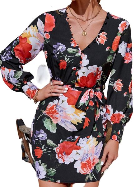 

floral print lantern sleeve belted dress 459p#, Black;gray