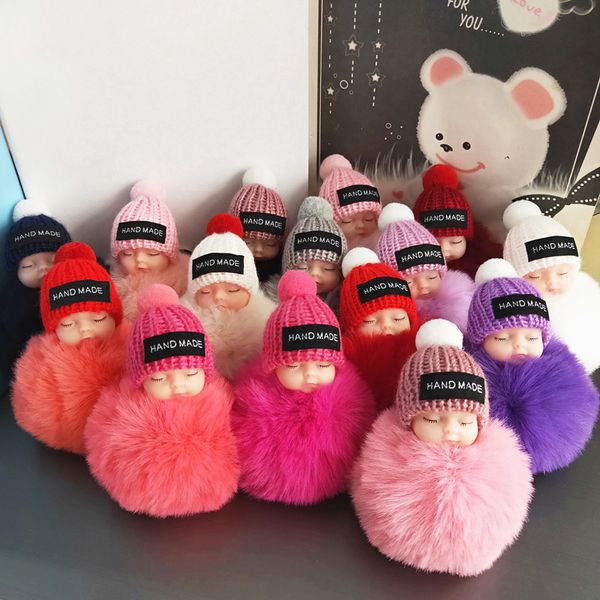 Nette Schlafende Baby Puppe Schlüsselbund Pompom Kaninchen Fell Ball Karabiner Schlüssel Kette Schlüsselring Frauen Handtasche Anhänger schlüssel ring kinder spielzeug