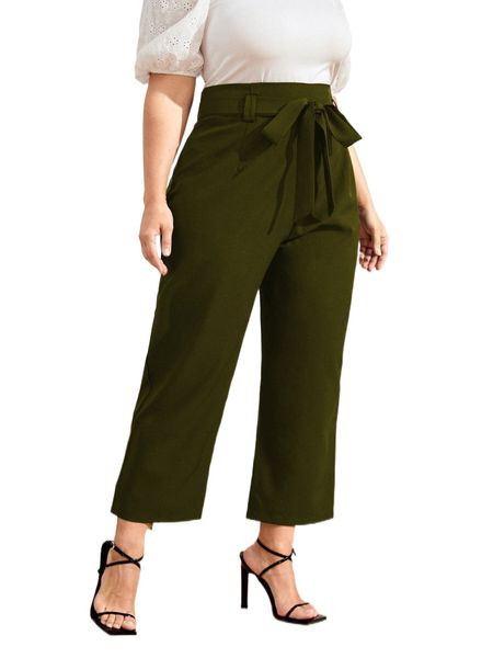 

plus solid wide leg belted pants 01qd#, Black