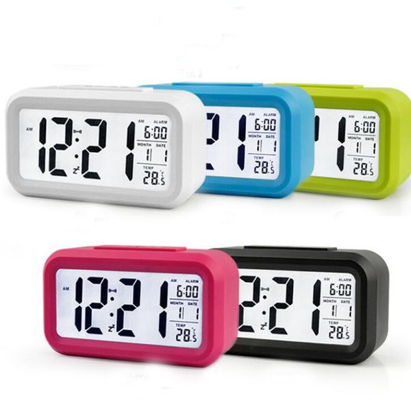 Kunststoff Digital Alarm Mute Uhr LCD-Bildschirm Smart Clock Temperaturempfindliche Nacht Snooze Nachtlicht Kalender