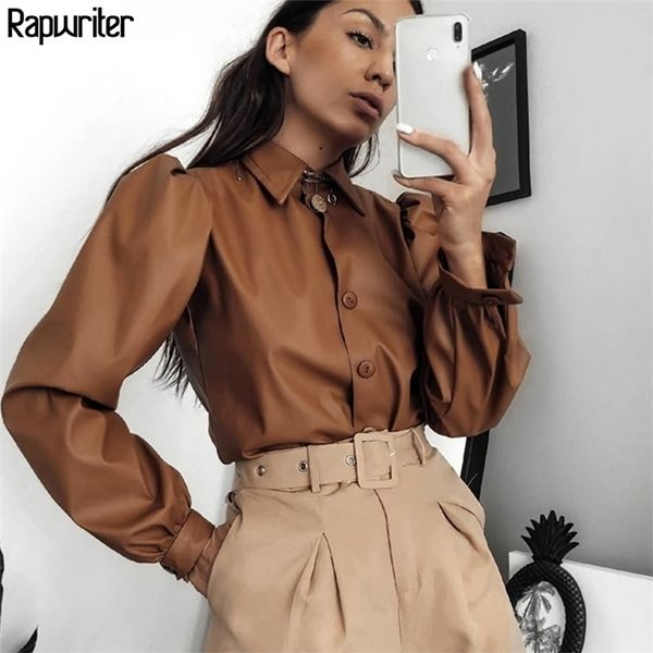 

rapwriter casual women turndown collar long puff sleeve faux leather blouse streetwear autumn ladies retro buttons t200322, White