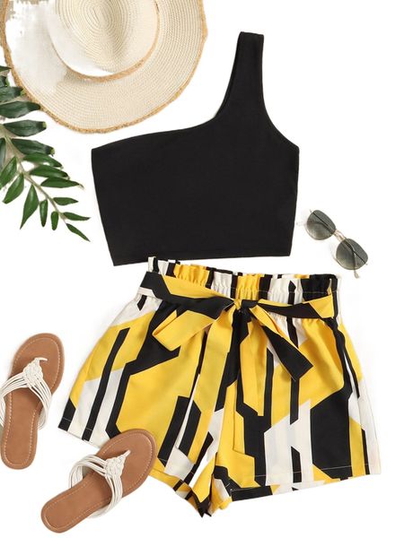 

one shoulder & graphic print paper bag waist belted shorts t4b2#, White