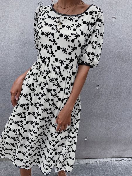 

allover print smock dress t0gg#, Black;gray