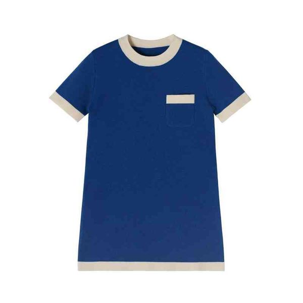 

blue pocket short sleeve color contrast edge dress women's, Black;gray