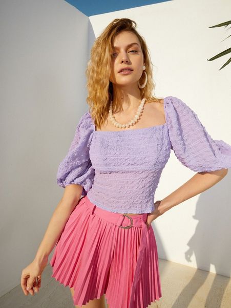 

lace up backless puff sleeve g18q#, White