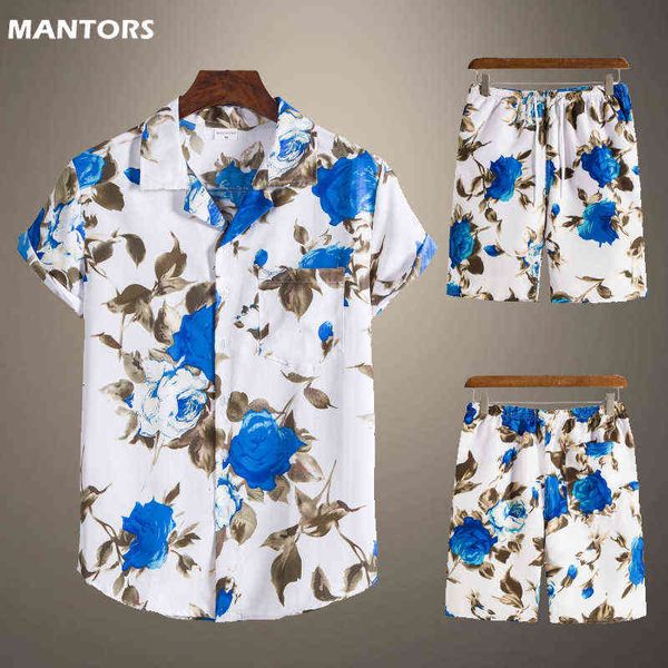 

2022 summer men hawaiian sets printing suit short sleeve button shirt beach shorts set streetwear casual mens tracksuit new, Gray