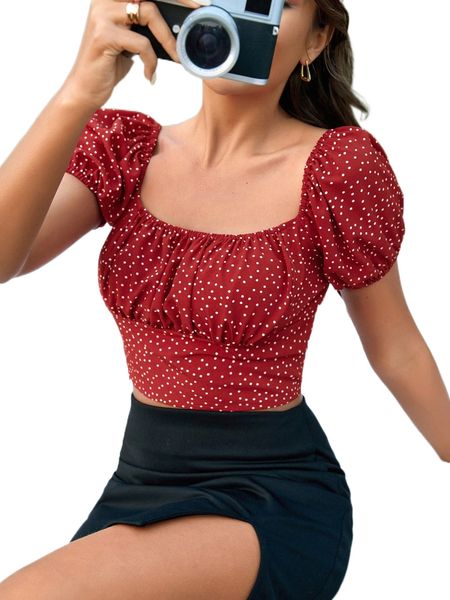 

polka dot puff sleeve ruched bust blouse e8ar#, White