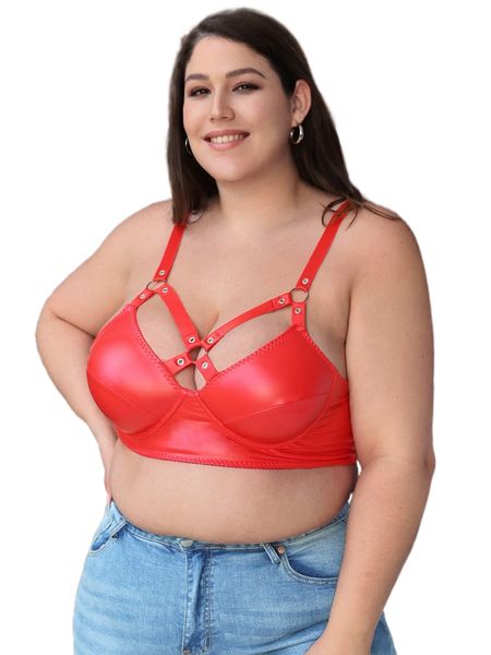 

plus patent grommet detail cut out underwire bra 00qd#, Black;white