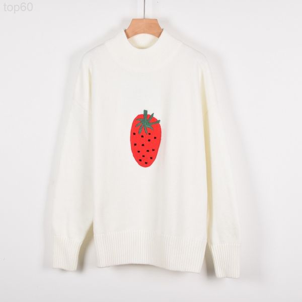 

women's t-shirt designer loe ~ cow new fashion strawberry jacquard loose round neck wool knitted long sleeved 575 2002 luxury, White