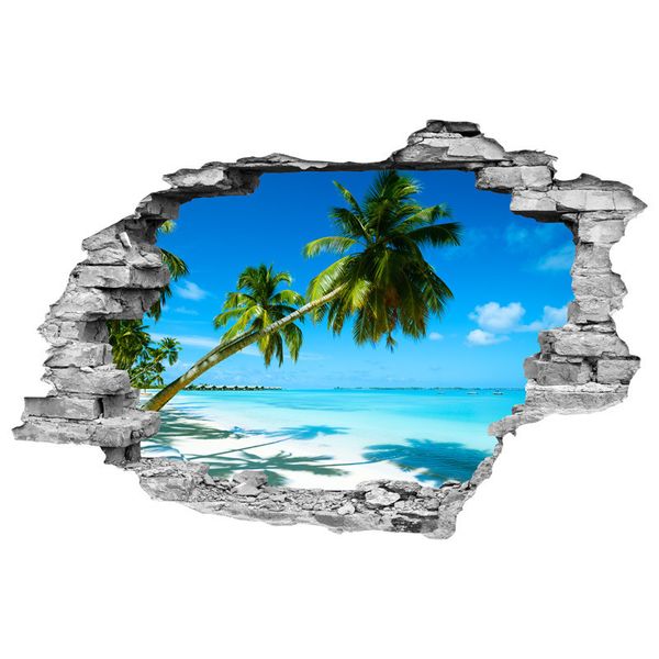 Spiaggia di palme scenario 3d rotto muro di vinile adesivi murali decorazione della casa Estate vista mare creativo poster carta da parati 90 60 cm 220607