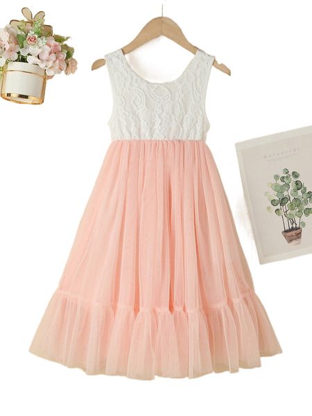 

toddler girls contrast lace mesh hem dress j7bk#, Black;white