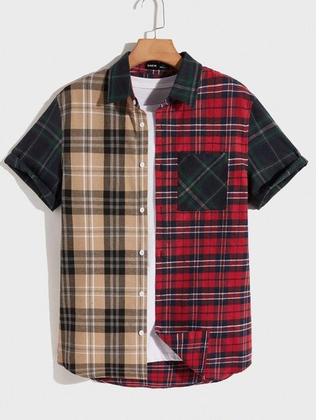 

men tartan print patch pocket shirt e05d#, White;black