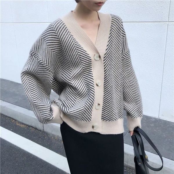 

korean retro lazy wind vneck singlebreasted loose irregular diamond texture cardigan sweater coat female 201130, White;black