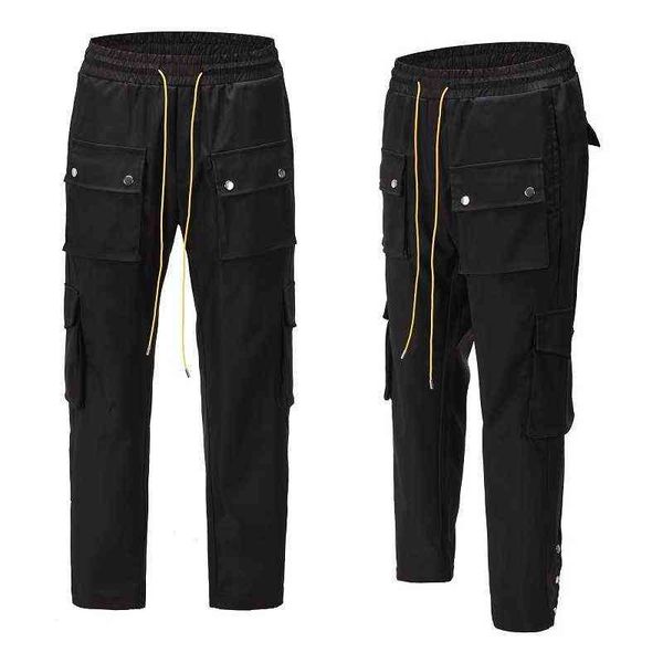 

men's fashion hoodie brand jogger joggers rhude high street same multi pocket button overalls and women's casual loose straight pa, Black