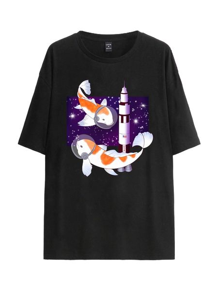 

x sephinlee men drop shoulder rocket & fish print tee v2z9#, White;black