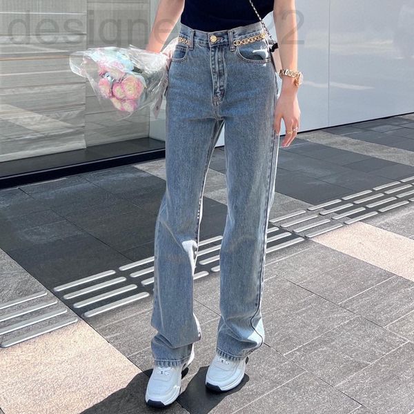 

women's jeans designer spring style temperament leisure small fragrance chain washing thin straight pants denim women y8qz, Blue