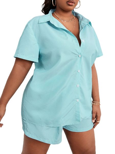 

sxy plus vertical striped button through blouse & shorts r7fs#, Black