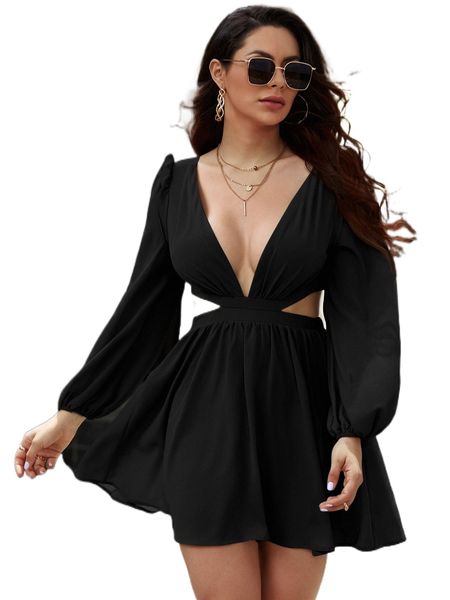 

plunging neck tie back cut out waist a-line dress t0ob#, Black;gray